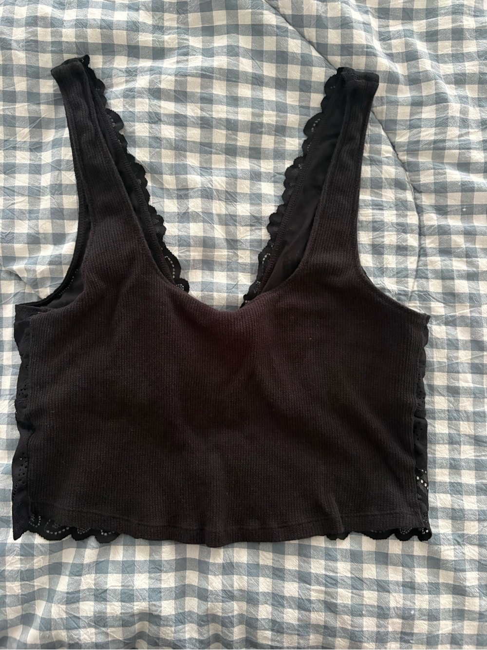 aerie Black Ribbed Lace-Trim Crop Tank